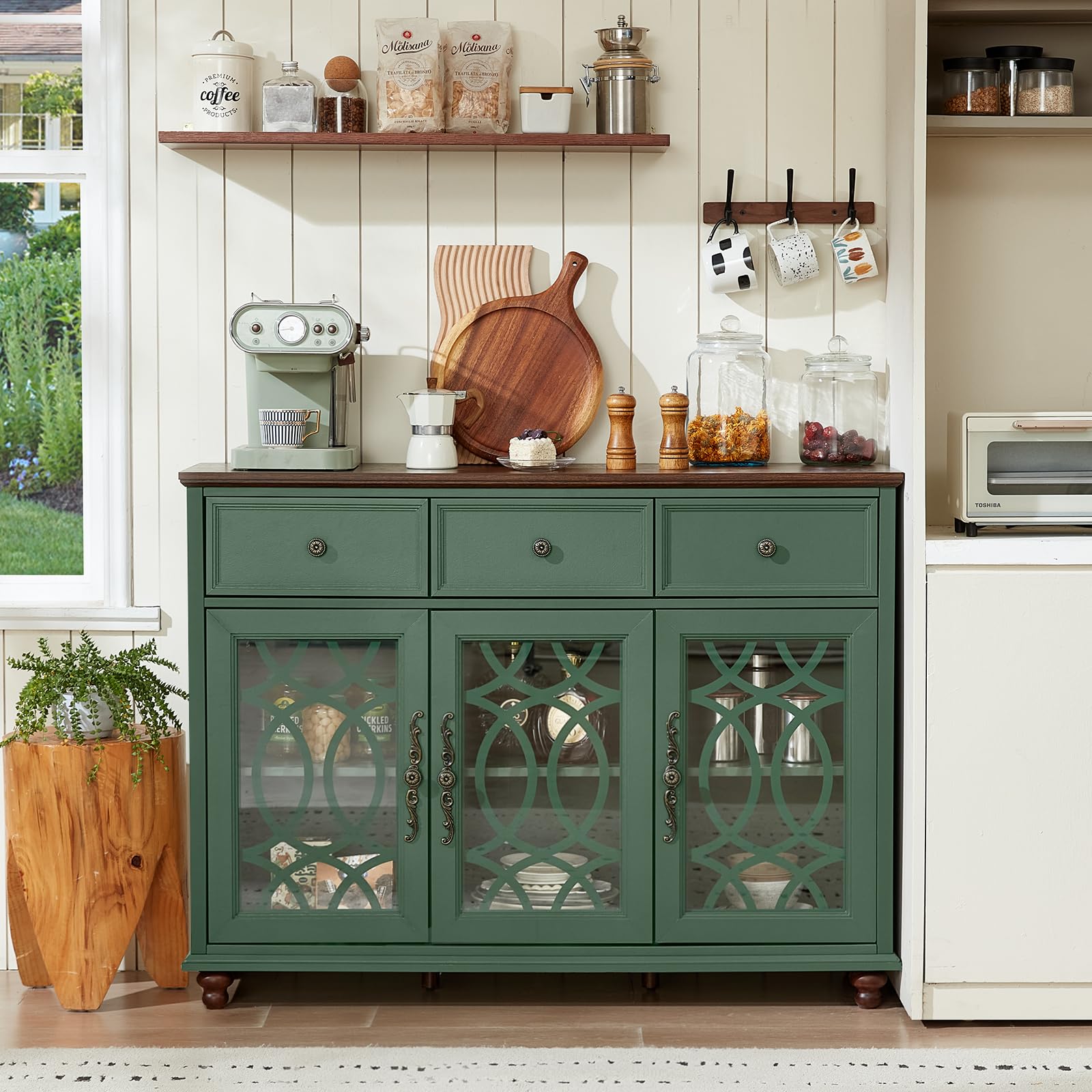 Green farmhouse sideboard buffet cabinet with three glass doors and two drawers