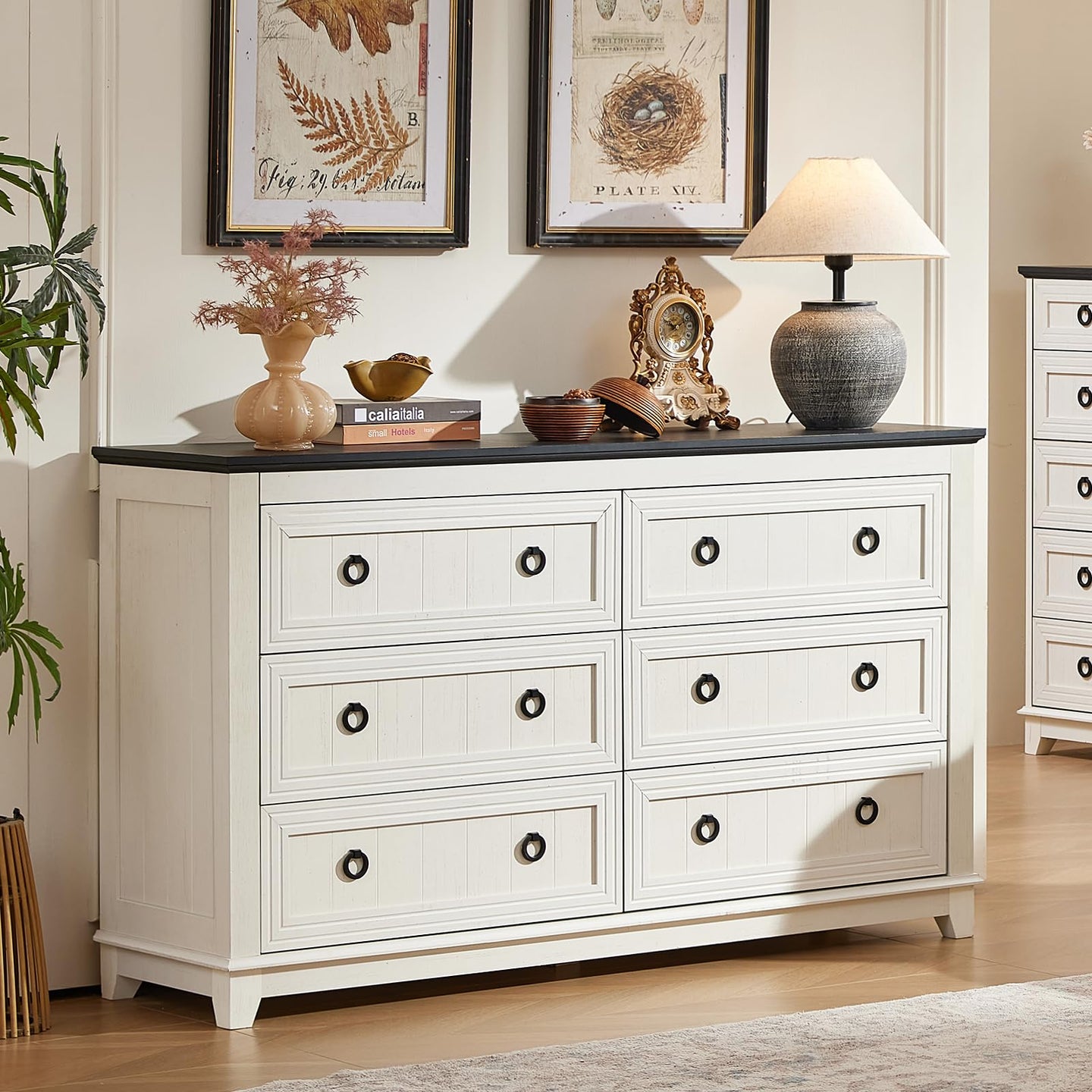 White wood dresser cabinet with six drawers and round metal knobs, flat top for tabletop decor