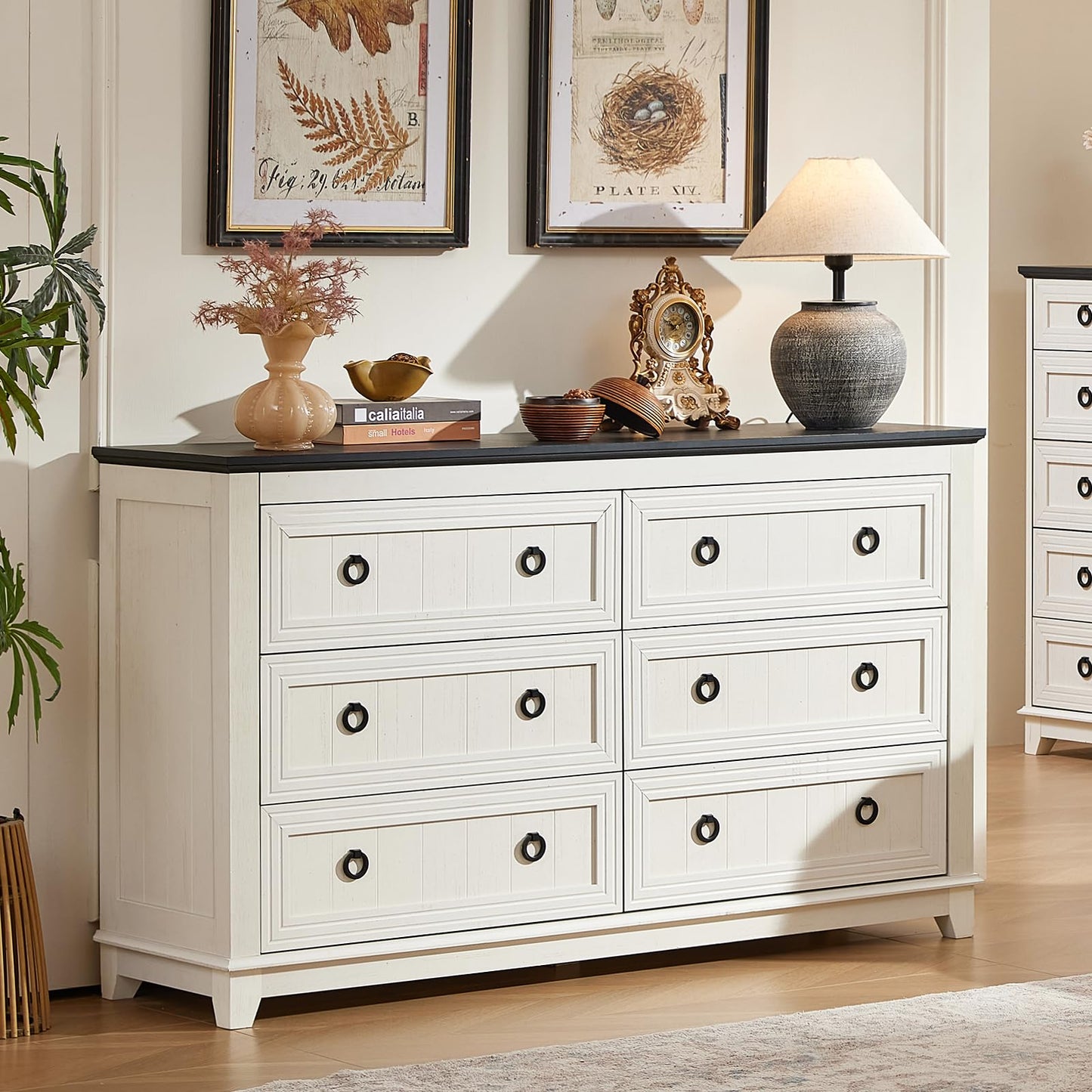 White wood dresser cabinet with six drawers and round metal knobs, flat top for tabletop decor