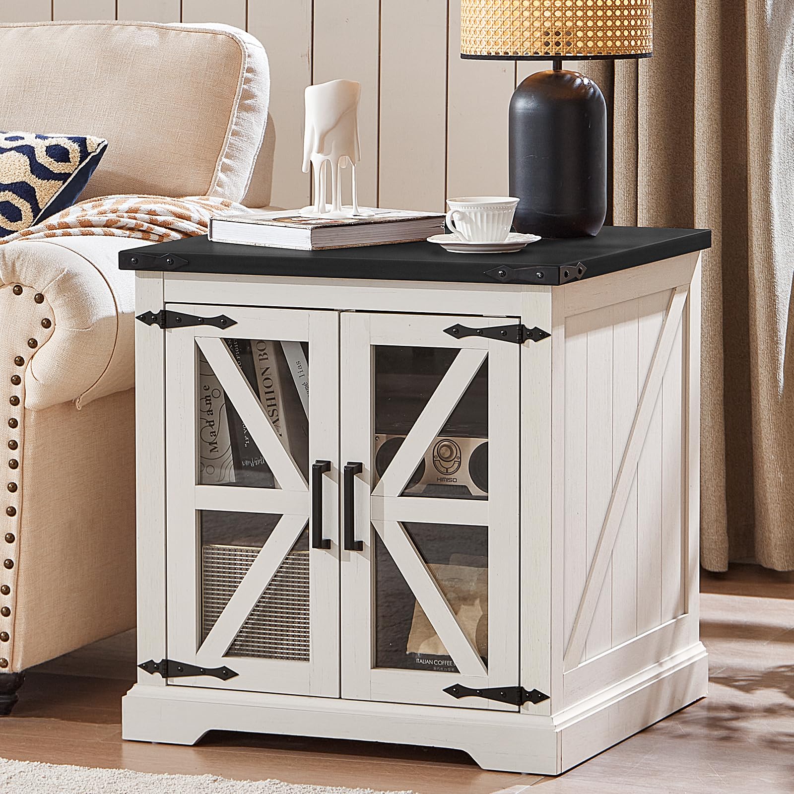 White end table with wood top, charging area on top, and crisscross door panels