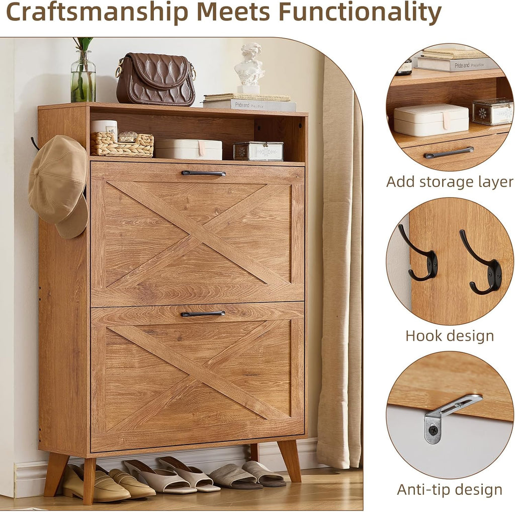 Shoe storage cabinet front with two flip drawers, light wood finish and metal handles