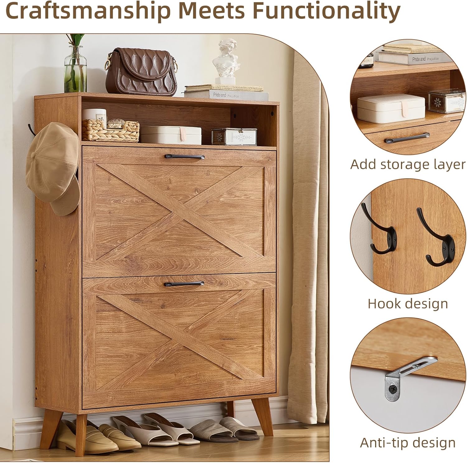 Shoe storage cabinet front with two flip drawers, light wood finish and metal handles