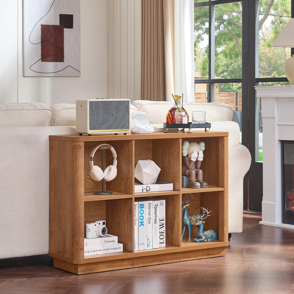Natural oak cube storage book shelf with open cubbies and curved edge, floor standing.