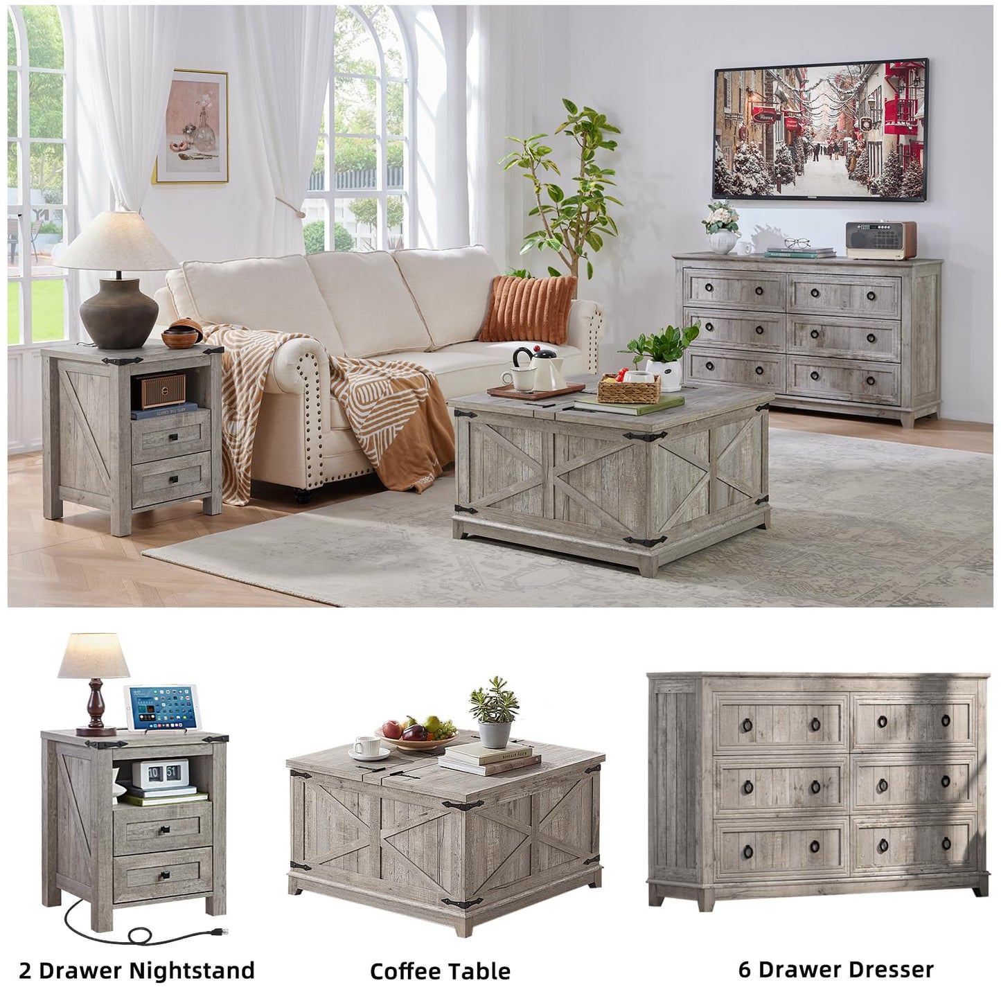 Grey farmhouse nightstand with 2 drawers and open side shelf for bedside storage