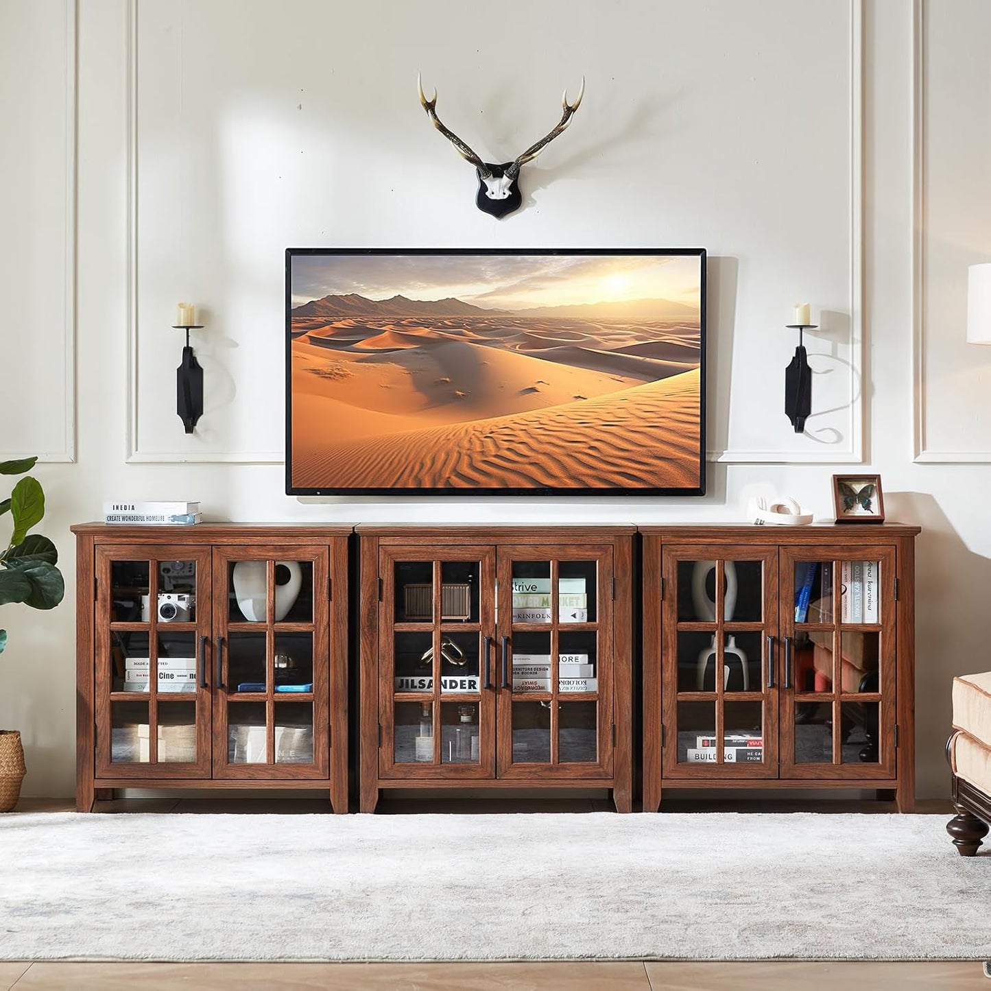 Brown sideboard buffet cabinet with glass doors and central double-door section