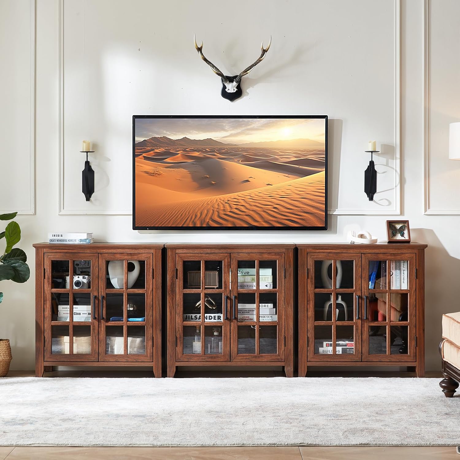 Brown sideboard buffet cabinet with glass doors and central double-door section