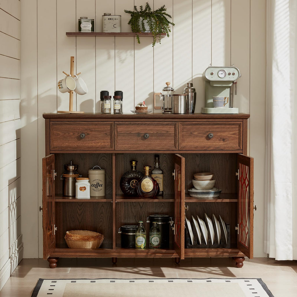 Wood buffet sideboard cabinet with glass doors and open shelving for dishes