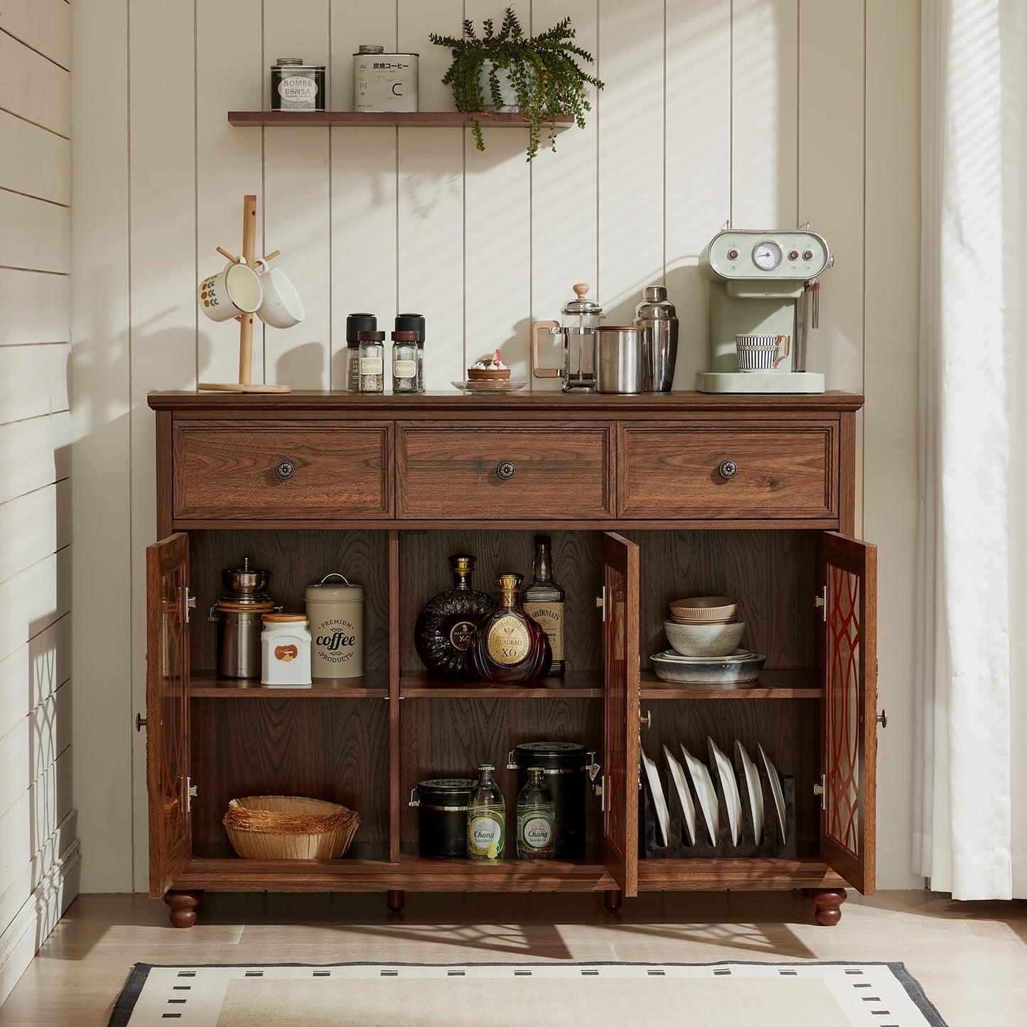 Farmhouse sideboard buffet cabinet in dark wood with shelves, drawers, and open storage