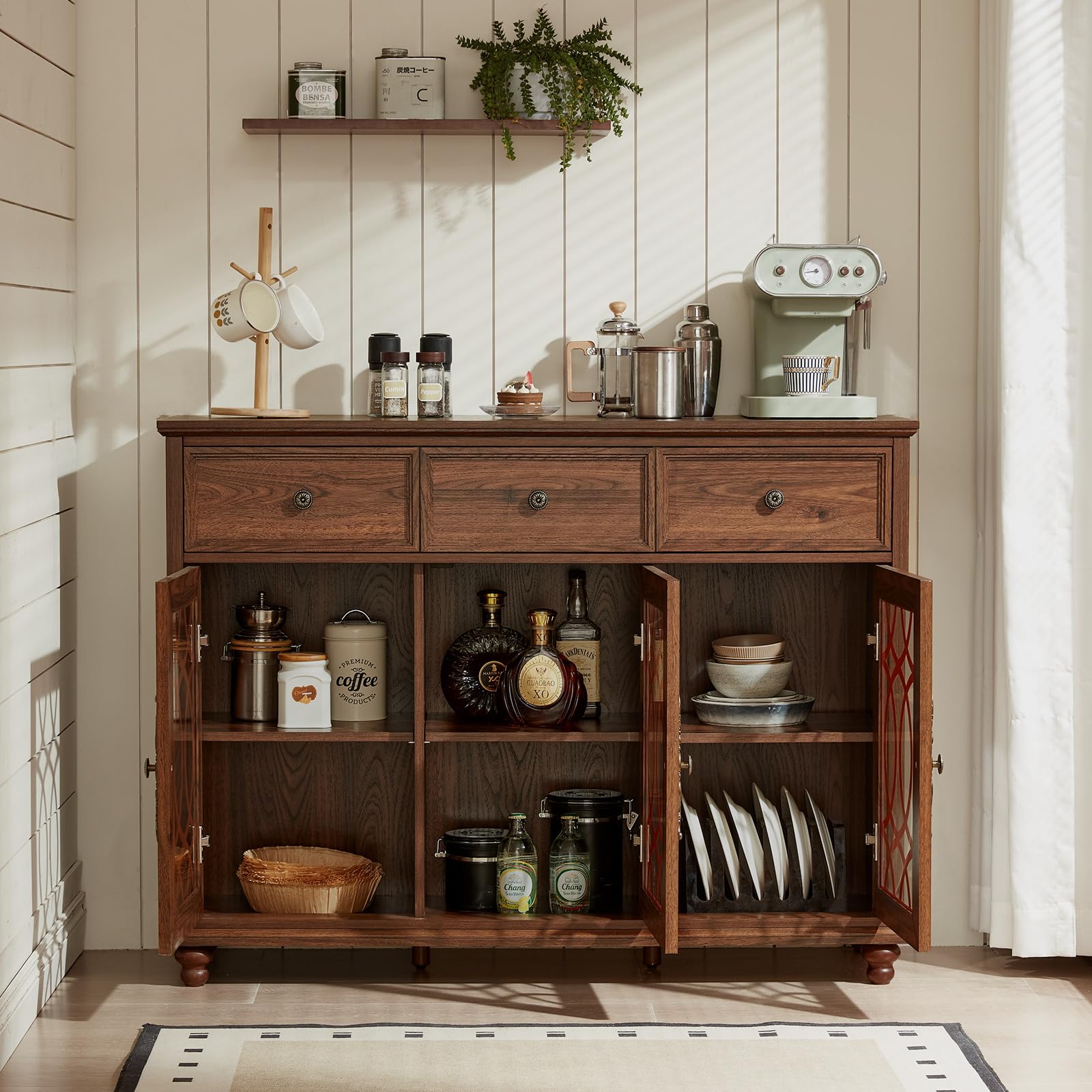 Wood buffet sideboard cabinet with glass doors and open shelving for dishes