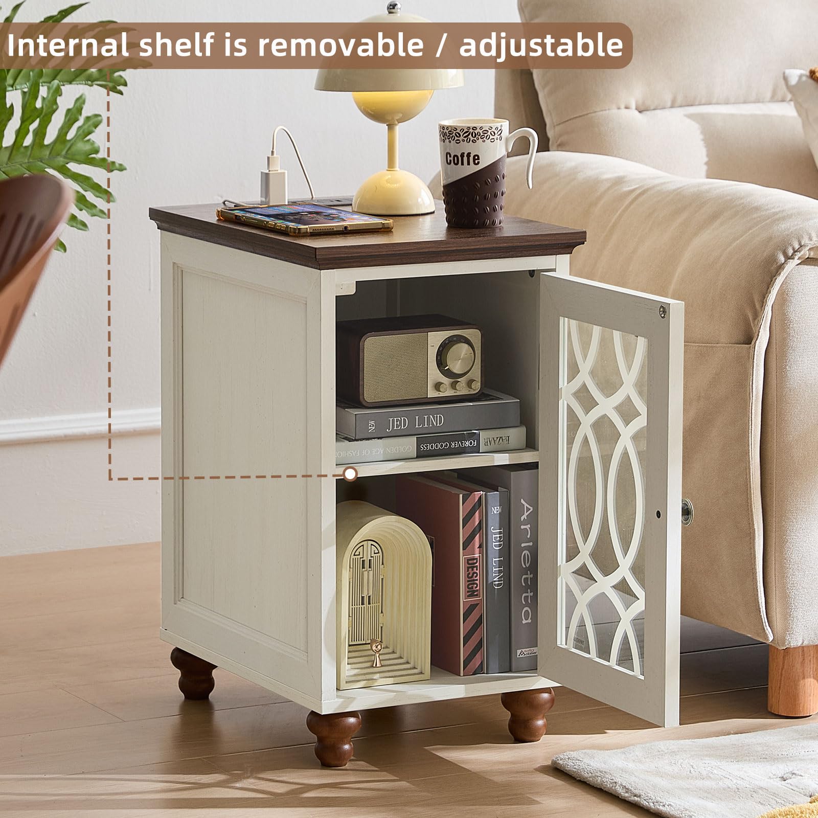 White bedside cabinet with lattice glass door and open interior showing adjustable shelf.