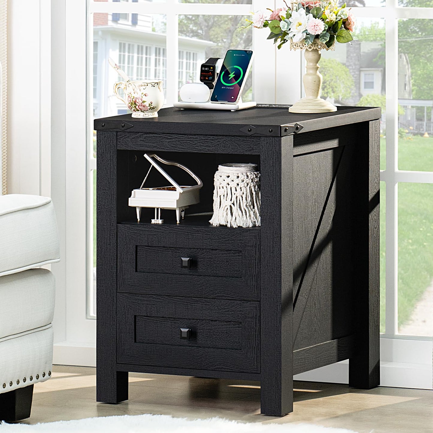 Black farmhouse nightstand with charging top, two drawers, and open shelf storage