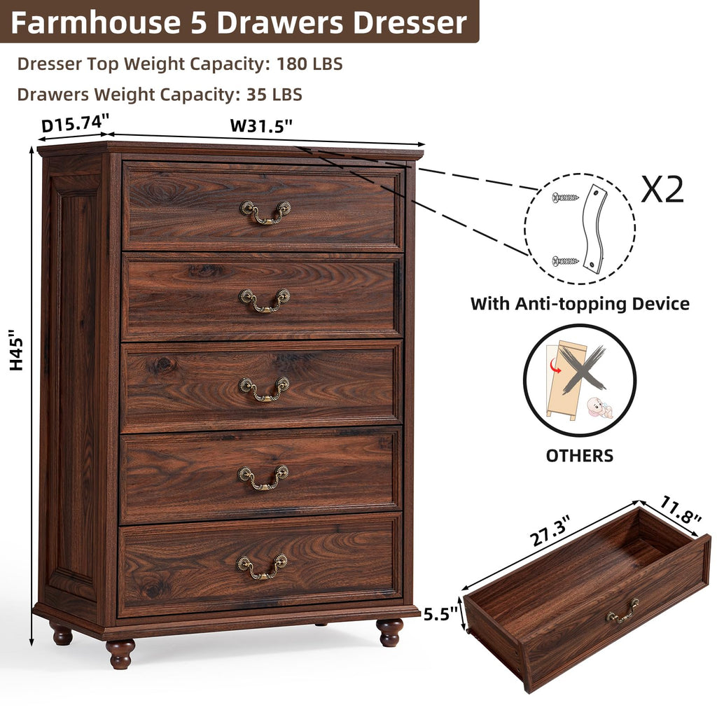 Rustic brown wooden dresser with metal drawer pulls and anti-tip base design