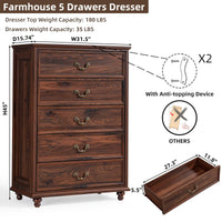 Dark brown wooden 5-drawer dresser with metal handles and four bun feet