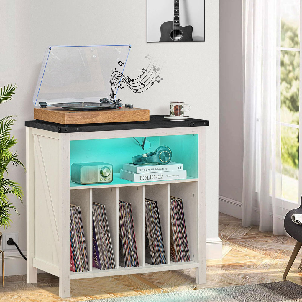 White record player stand with brown top and teal LED charging shelf