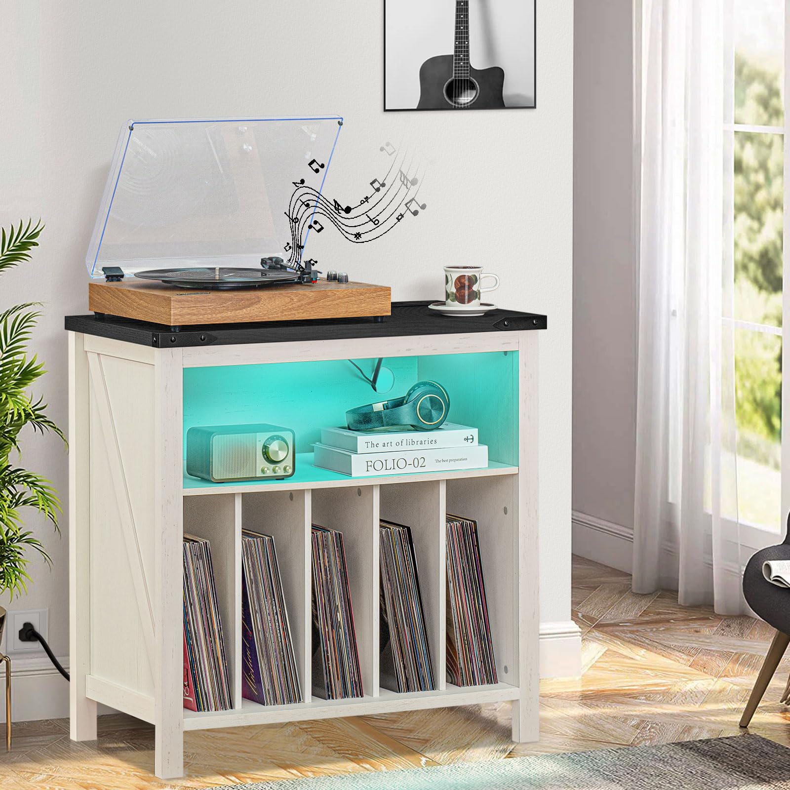 White record player stand with brown top and teal LED charging shelf