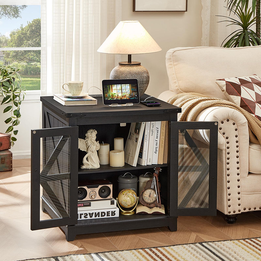 Dark wood coffee table with open storage shelves and X-frame side doors.