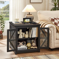 Dark wood coffee table with open storage shelves and X-frame side doors.