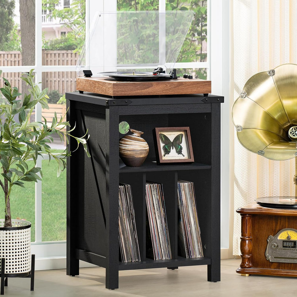 Black record player stand with wooden turntable top and vinyl record storage shelf