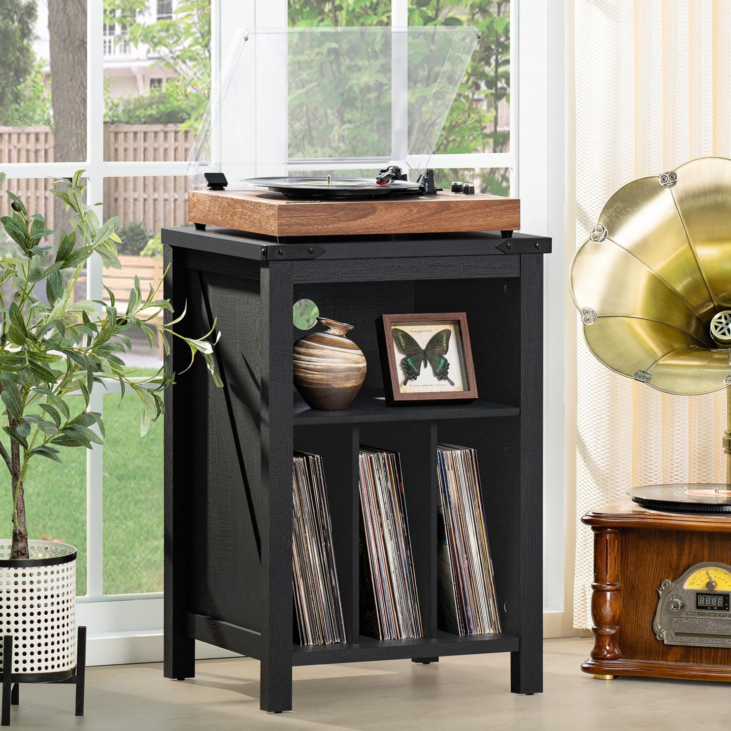 Record player stand with dark blue cabinet and wood top; open shelf for vinyl records
