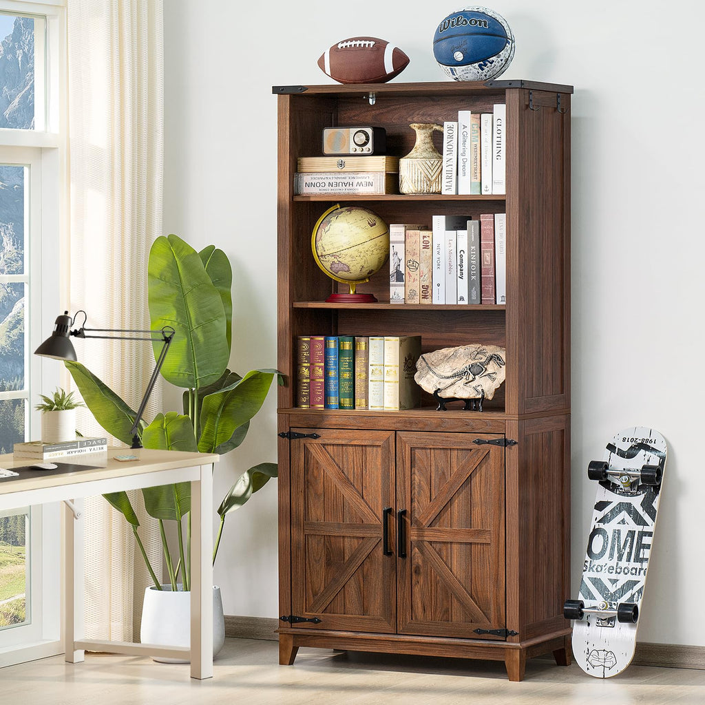 70in Tall Bookshelf 5 Tier Bookcase with Barn Doors and Adjustable Shelves, Blue Farmhouse Book Shelf with Storage Cabinet, Wood Freestanding Display Bookshelves for Bedroom, Living Room | Bookcase, Barn Doors, Adjustable Shelves, Book Shelf, Storage Cabi