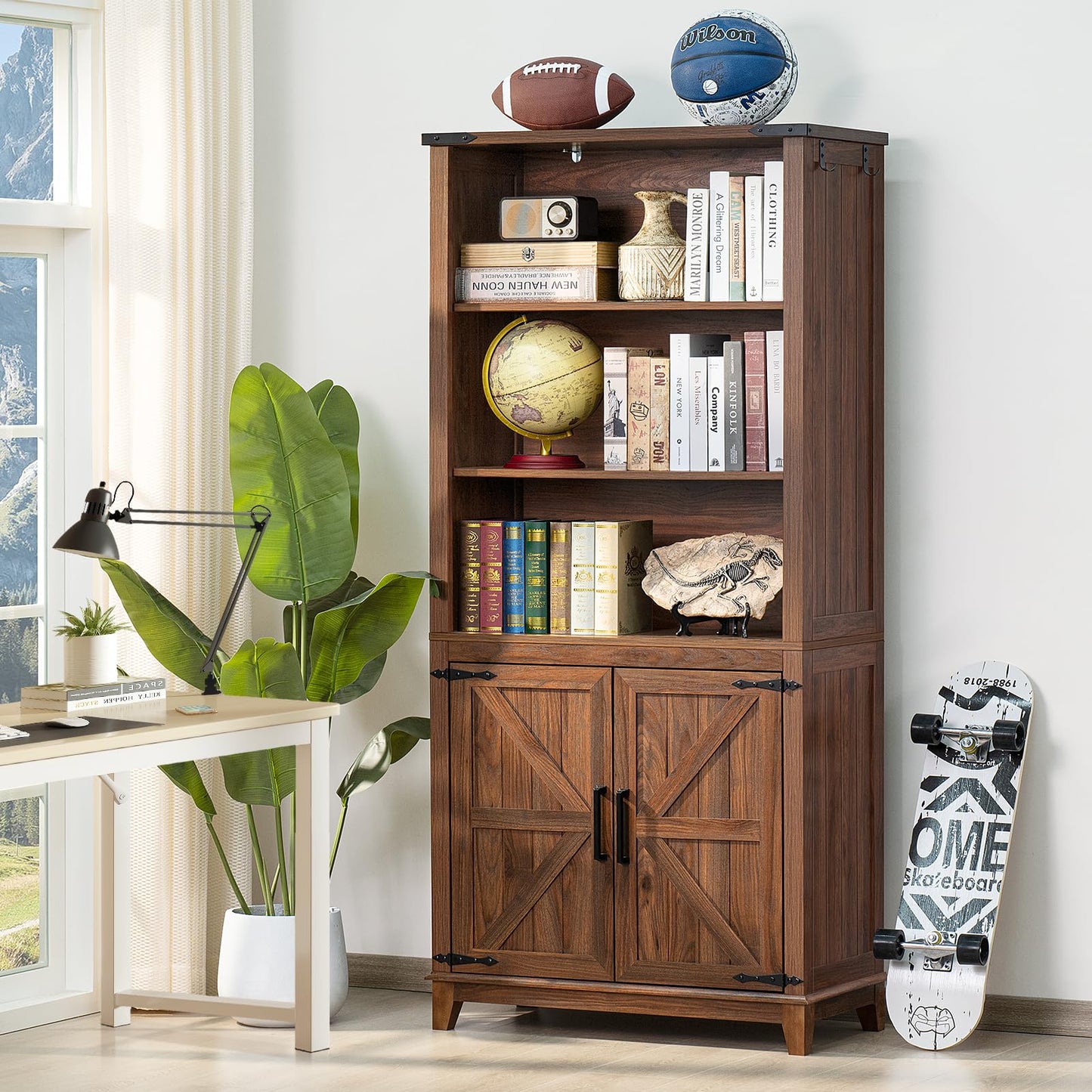 Joaxswe 70in Tall Bookshelf 5 Tier Bookcase with Barn Doors and Adjustable Shelves, Blue Farmhouse Book Shelf with Storage Cabinet, Wood Freestanding Display Bookshelves for Bedroom, Living Room