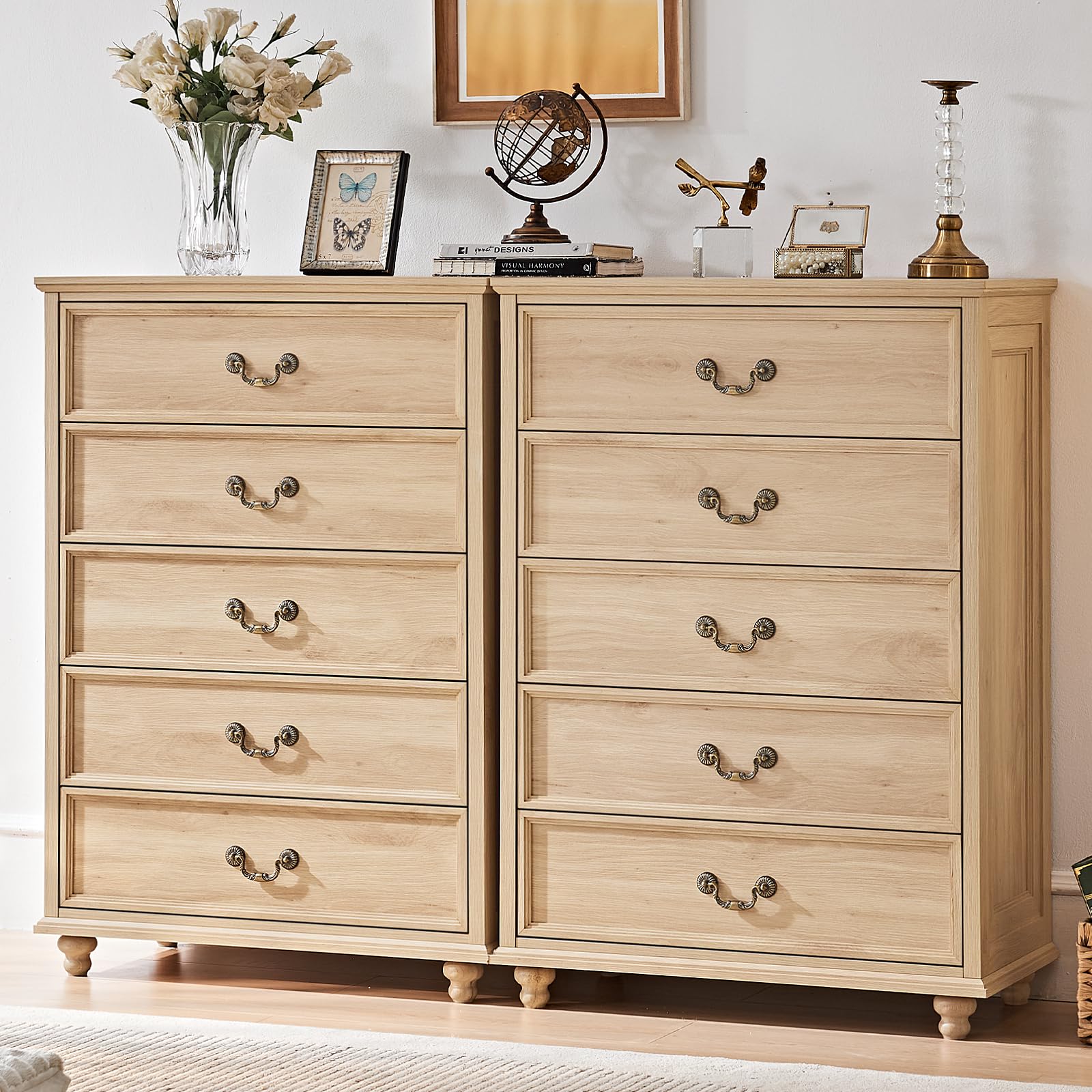 Light wood dresser set with 8 drawers and curved metal drawer pulls