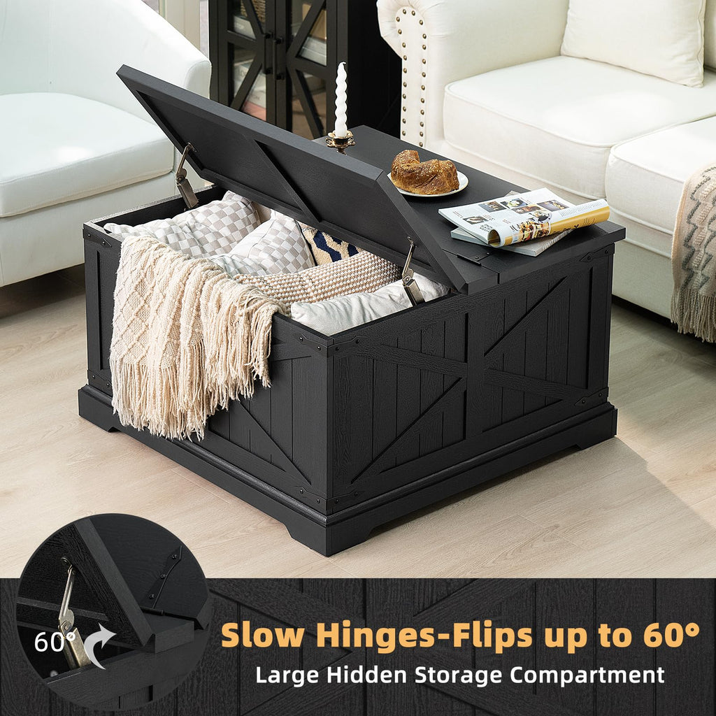Square coffee table with hinged lift top, black finish, geometric panel sides