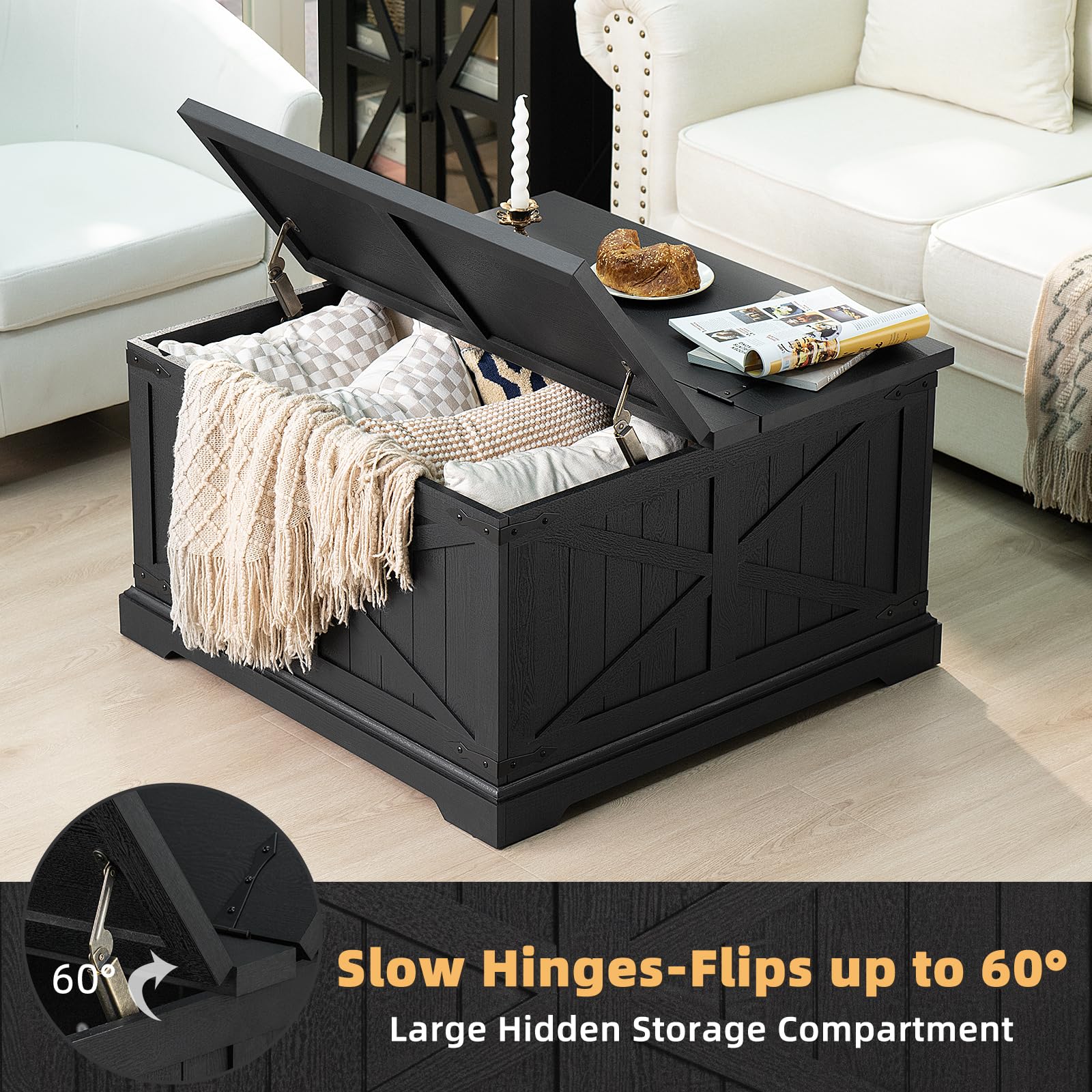 Square coffee table with hinged lift top, black finish, geometric panel sides
