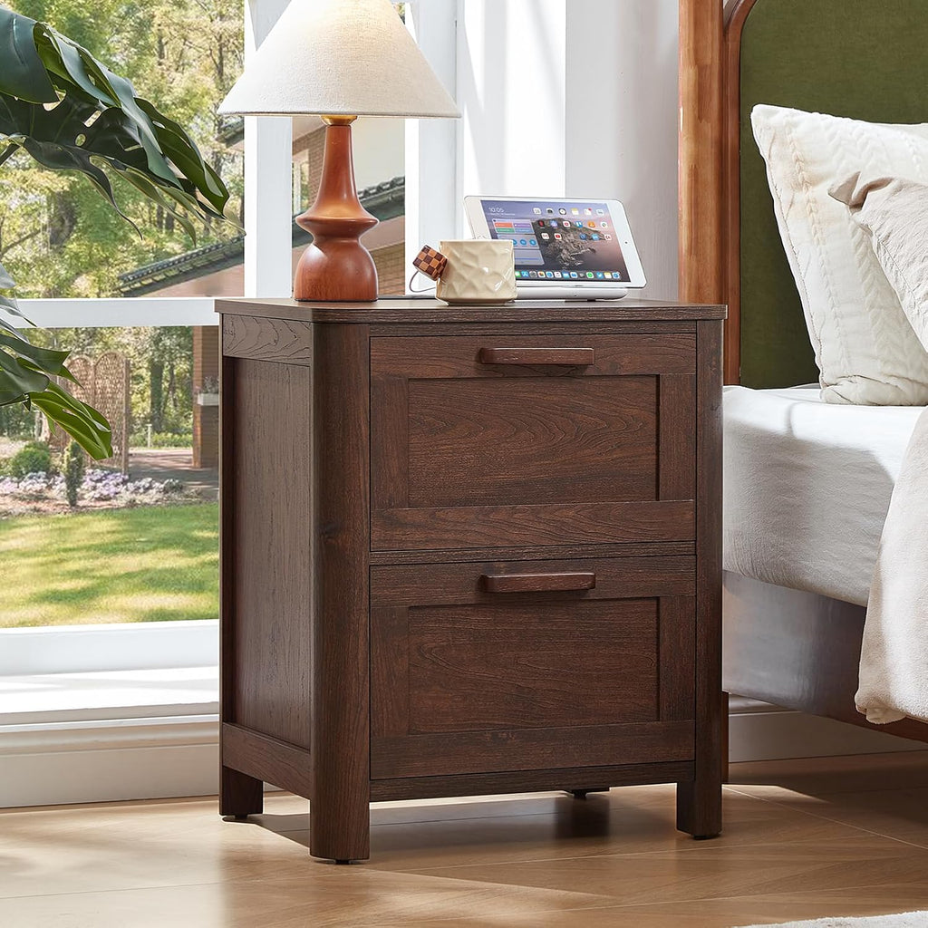 Walnut farmhouse nightstand with two drawers and built-in charging station