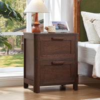 Walnut farmhouse nightstand with two drawers and built-in charging station