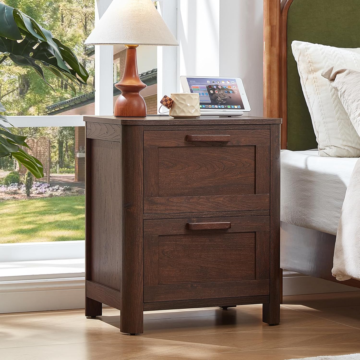 Walnut farmhouse nightstand with two drawers and built-in charging station