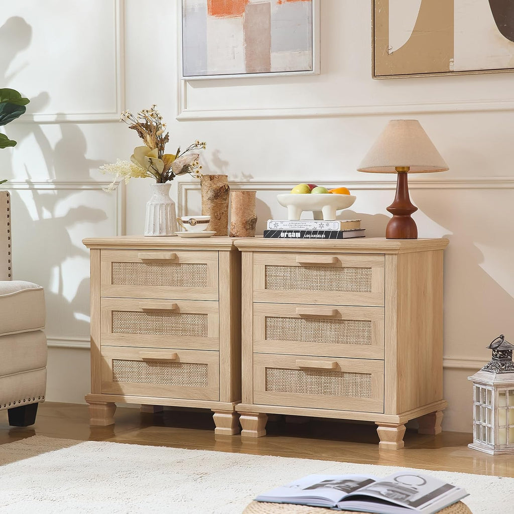Natural wood rattan nightstand set of 2 with three drawers each, woven fronts.