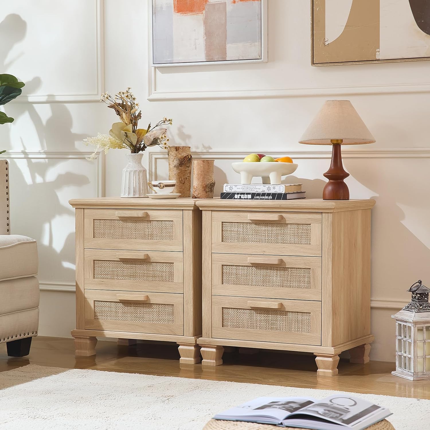 Natural wood rattan nightstand set of 2 with three drawers each, woven fronts.
