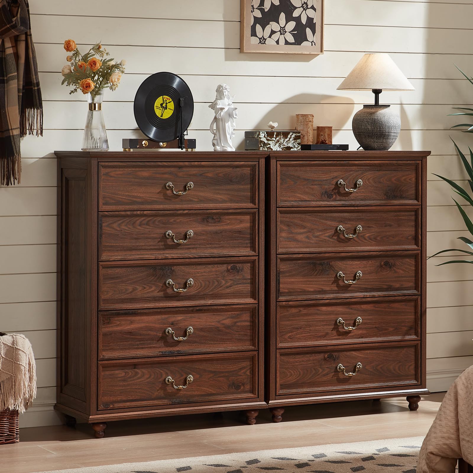 Farmhouse 5 Drawer Dresser for Bedroom, 45" Tall Rustic Chests of Drawers w/ 4 Solid Wood Feet, Mid Century Modern Wooden Closet Storage Dressers Organizer for Living Room, Hallway, Navy Blue