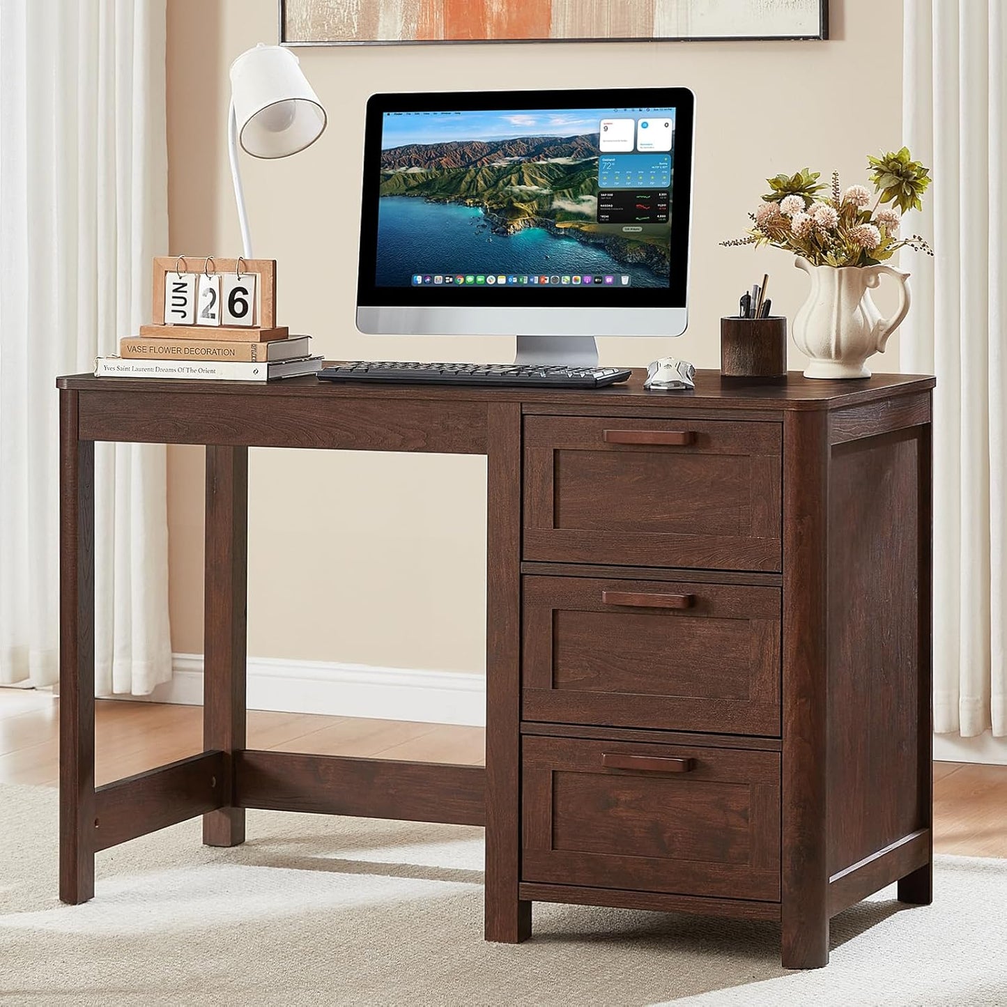 Dark walnut wooden executive desk with three drawers and vintage style handles