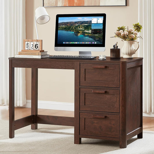 Dark walnut wooden executive desk with three drawers and vintage style handles