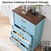 Blue farmhouse 5-drawer dresser with open drawers, dark wood top, brass pulls