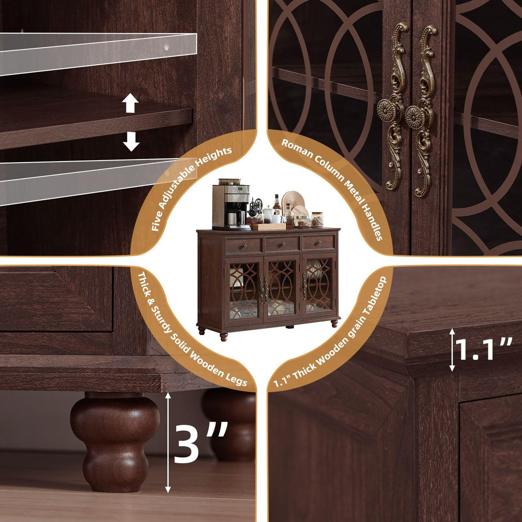Dark wood sideboard with open glass door and adjustable-height shelf