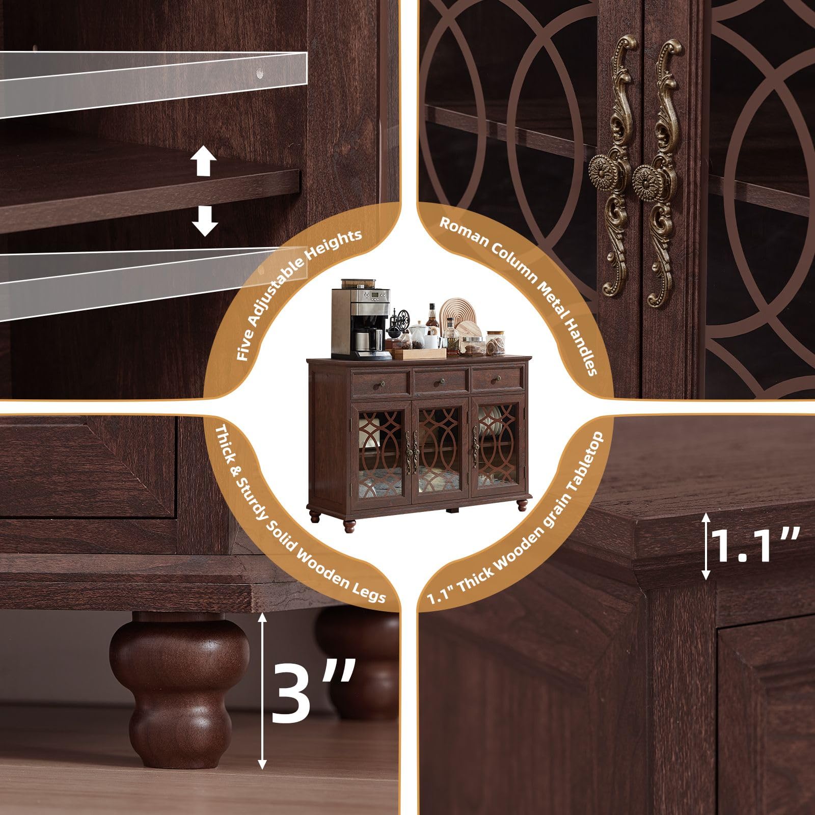 Dark wood sideboard with open glass door and adjustable-height shelf