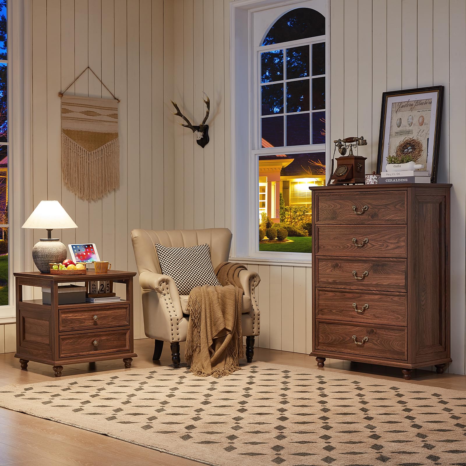 Dark wood dresser with multiple drawers, brass-tone pulls, and short legs