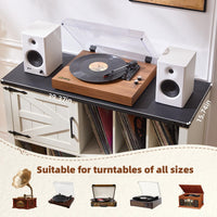 White record player stand with dark wood top, two speaker openings, vinyl shelves