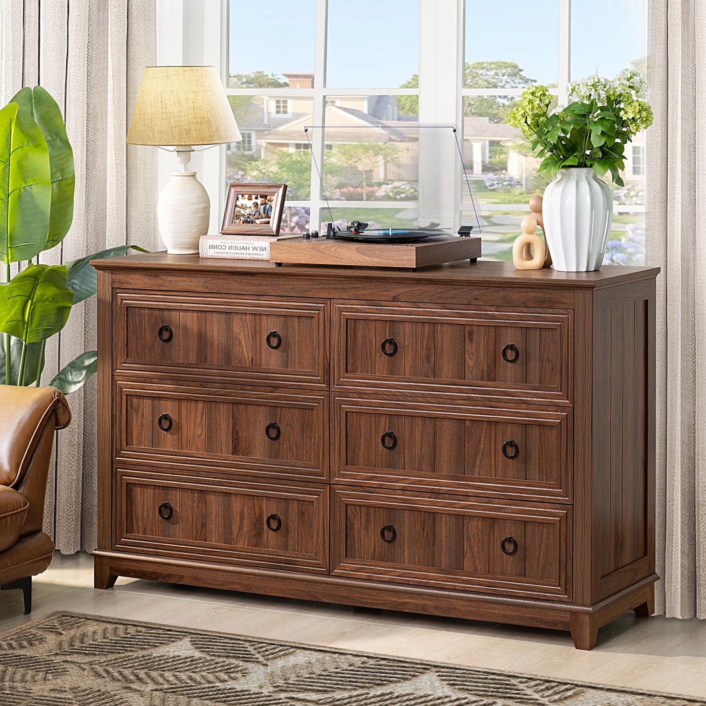 Dark wood 6-drawer dresser with black knobs and recessed panel drawer fronts