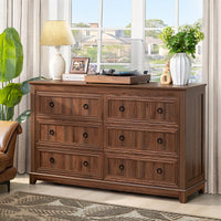 Dark wood 6-drawer dresser with black knobs and recessed panel drawer fronts