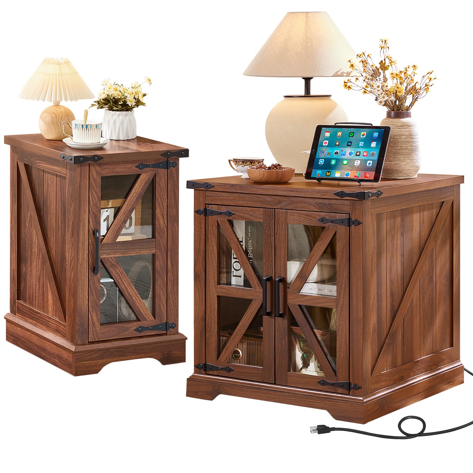 End Tables Living Room Set 2, 18'' Night Stand and 24" Square Side Table with Charger Station, Wood Furniture Sets, Nightstand Bedside End Table for Bedroom