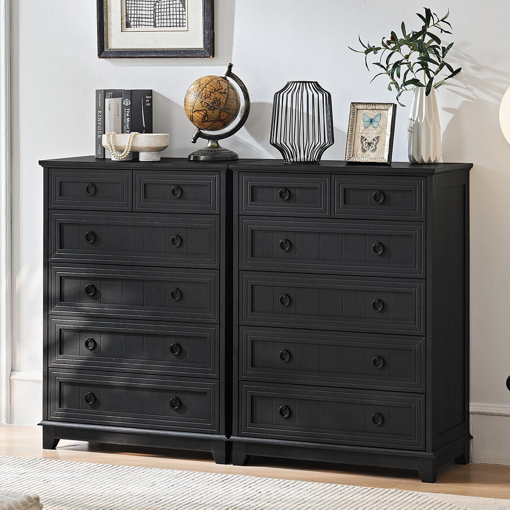 Dark dresser set with five drawers and round ring pulls