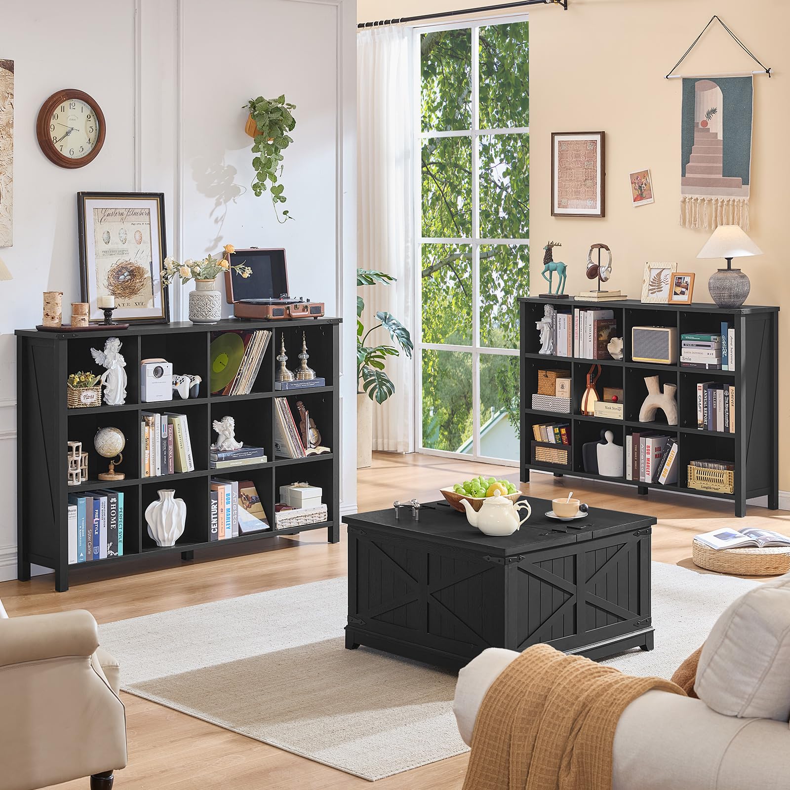 Dark bookcase with open cubbies and shelves, supported by legs for living room storage