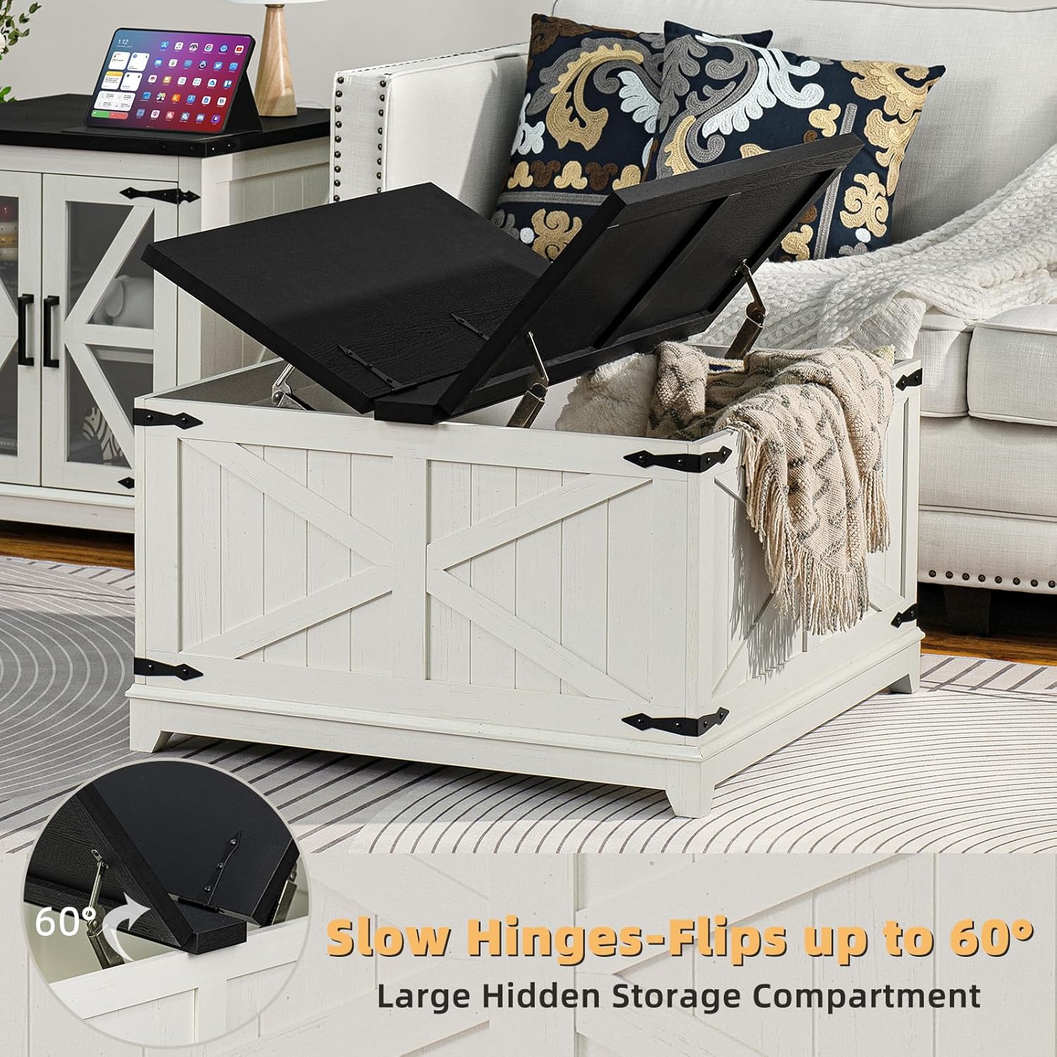 White lift-top coffee table with slow hinges and large hidden storage compartment
