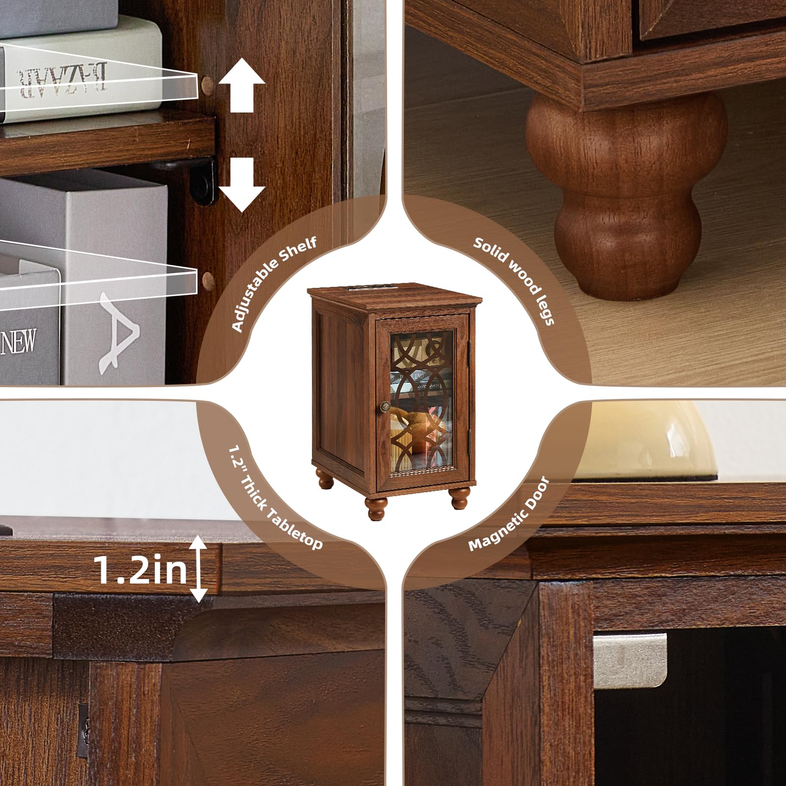 Wood nightstand cabinet with adjustable shelf and arched glass door