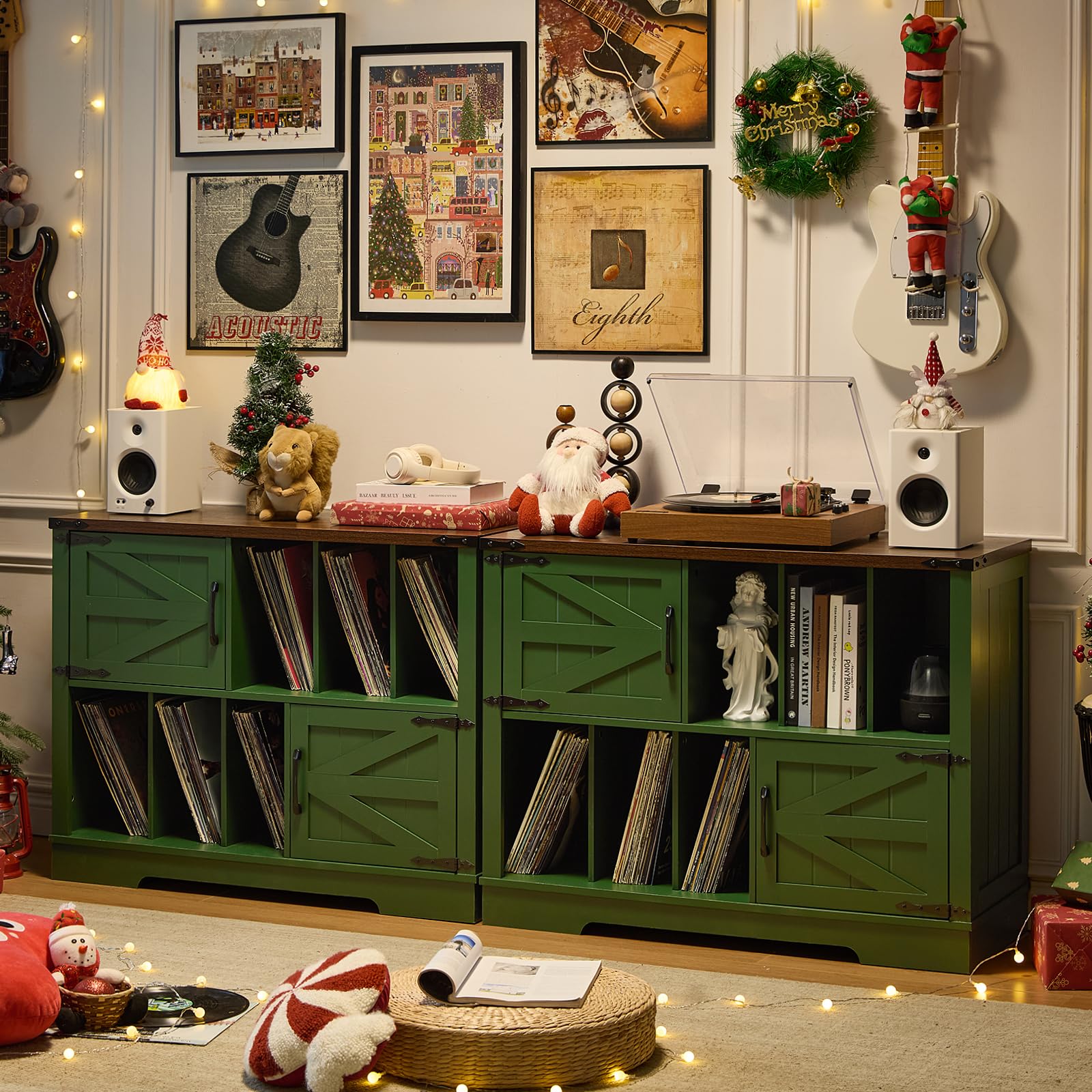 Green record player console with vinyl racks and barn doors, speakers on top