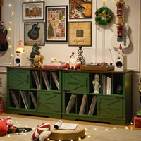 Record player cabinet with open shelves and vinyl storage, green cabinet front